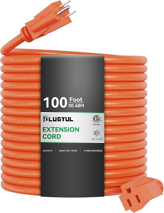 PLUGTUL 100 FT 12/3 Outdoor Extension Cord Waterproof, Heavy Duty 12 Gauge SJTW Extension Cord, 15A 1875W, ETL Listed, Great for Garden and Home, Orange
