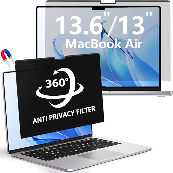 360° Magnetic Privacy Screen for MacBook Air 13.6 Inch (2022-2025, M2/M3/M4), Removable Screen Protector with Webcam Cover to Anti Glare Blue Light 13.6 Inch Privacy Screen Shield