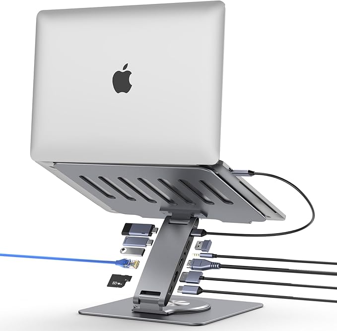 Laptop Docking Station Stand 11-IN-1 Triple Display HDMI DP 4K60Hz Gigabit Ethernet USB3.1 PD100W SD/TF Card Reader Audio 360°Swivel Laptop Stand with USB Hub for MacBookPro/Air/Dell/HP/Surface/Lenovo