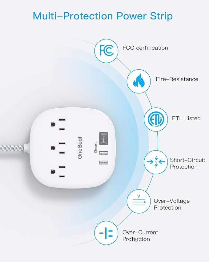 Cruise Essentials 2025,One Beat Travel Power Strip with 3 Outlets 4 USB Ports 3.1A,Short Extension Cord 1ft Desktop Charging Station for Travel Home Office,Cruise Ship Essentials,ETL Listed