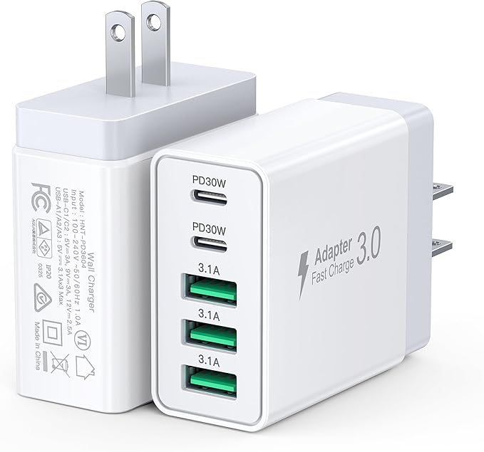 60W USB C Wall Charger Block, 2Pack 5-Port C Charger Fast Charging Block Dual PD Power Adapter&QC 3.0 Wall Plug Multiport Type C Charging Cube Brick for iPhone 12/13/14/15/16/17 Pro Max, iPad,Samsung