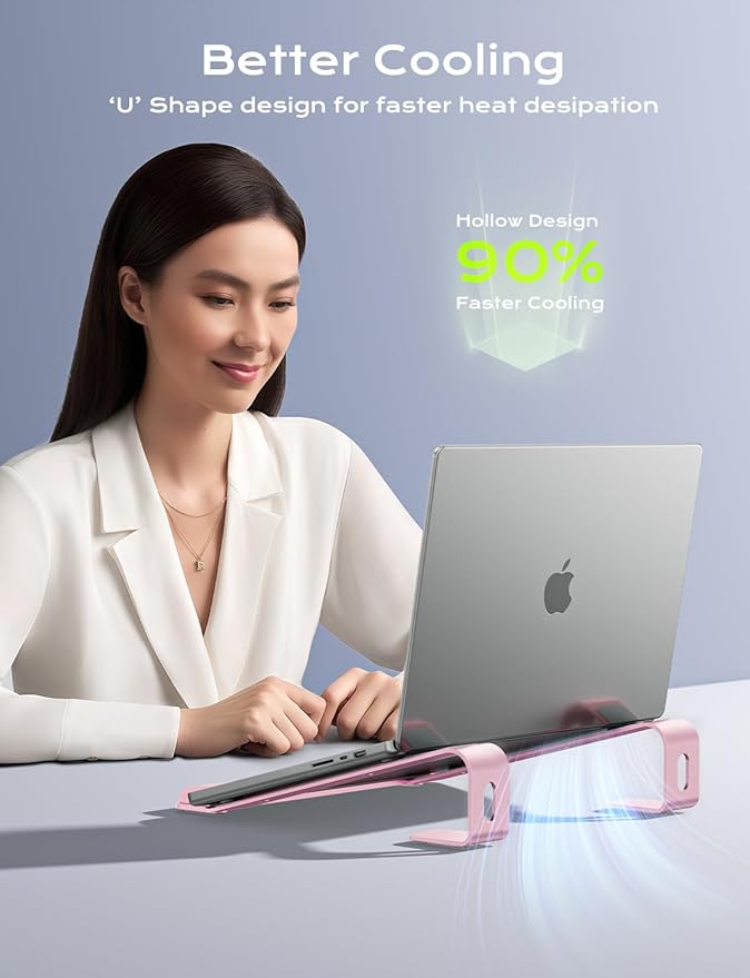 Aluminum Laptop Stand, Notebook Stand with Wrist Rest, Ergonomic Detachable Laptop Mount, Computer Stand Compatible with 10-17'' All Laptops Such as MacBook Air Pro/HP/Dell/Lenovo, Pink