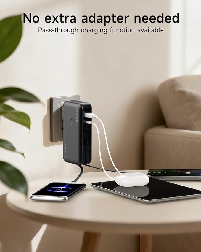 Portable Charger with AC Wall Plug and Built in Cables,PD 30W Fast Charging USB C Power Bank 16000mAh with 4 outputs,Travel Battery Pack Compatible with iPhone 16 15,MacBook,Pad,Samsung (Black)