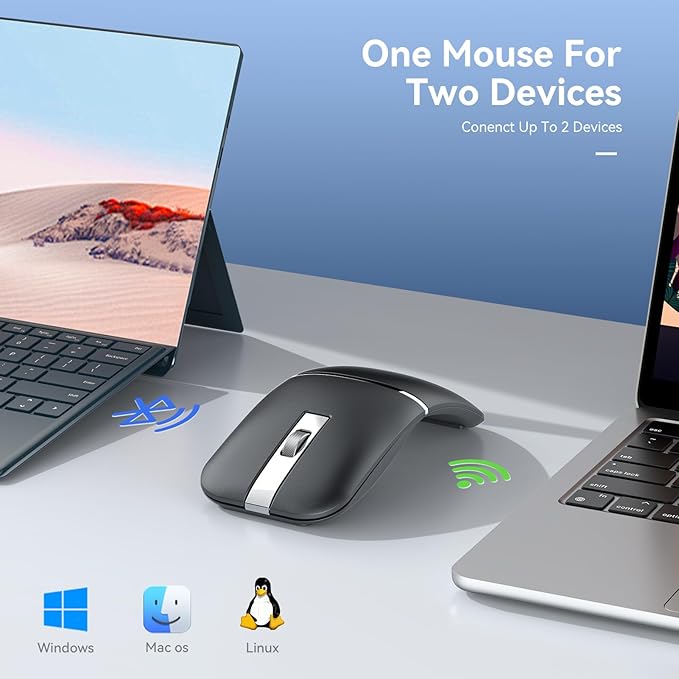 Nidiox Rechargeable Travel Wireless Mouse, Bluetooth and 2.4G Dual Mode, Ergonomic Rotatable Design, 3-Level DPI, Silent Click, Portable for Laptop, PC, Mac (Black)