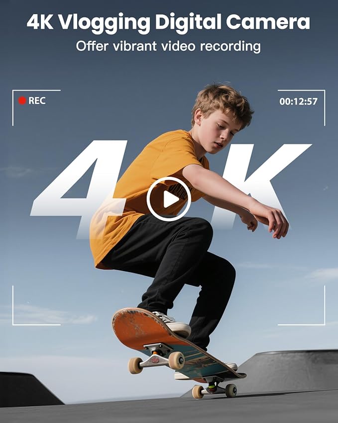 4K Digital Camera for Photography, WiFi 64MP 180° Flip Screen 3" Autofocus Vlogging Camera for YouTube, 16X Zoom Compact Point and Shoot Cameras for Beginner with 32GB Card, 2 Batteries