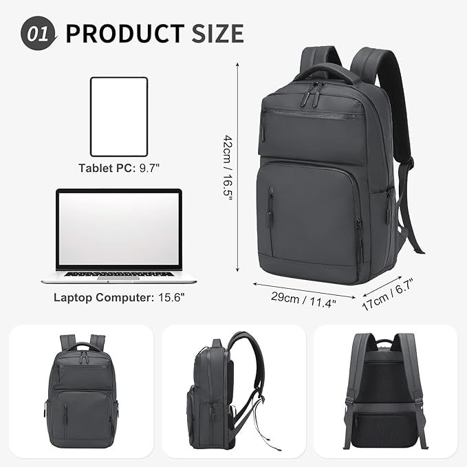 Waterproof Laptop Backpack for Men & Women, Flight Approved Anti-Theft Daypack with 15.6-inch Laptop Sleeve (Gray)