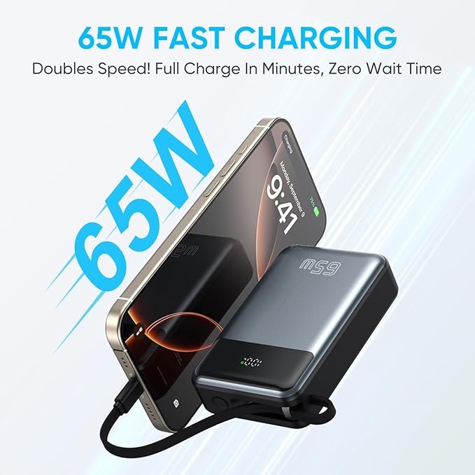 Laptop Power Bank,26800mAh Laptop Portable Charger with Built in Type-c Cable,65W Fast Charging,3-Port Battery Pack,Smart Display,for MacBook,iPad,iPhone,Switch,AirPods,Samsung