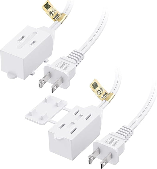 Cable Matters [UL Listed] 2-Pack 16 AWG 2 Prong Extension Cord 10 ft, 13A 3-Outlet Extension Cords with Tamper Guard, 13 Amp, 1625 Watts, White