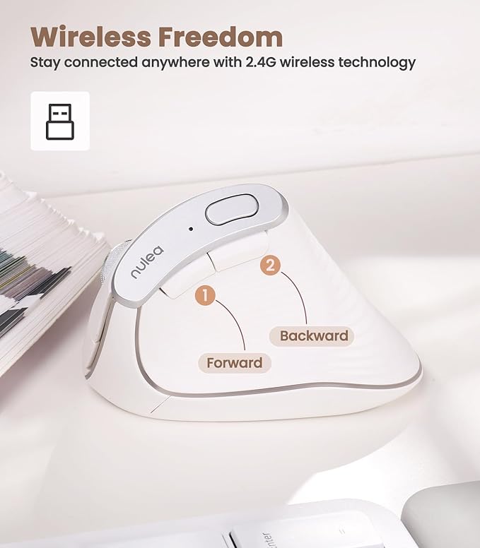 Nulea M510 Vertical Mouse Wireless, Ergonomic Mouse for Comfy Tracking, 3 Adjustable DPI (800-1200-1600), 2.4G Wireless Vertical Mouse with 6 Buttons, Compatible with Windows, Mac OS, Laptop, White