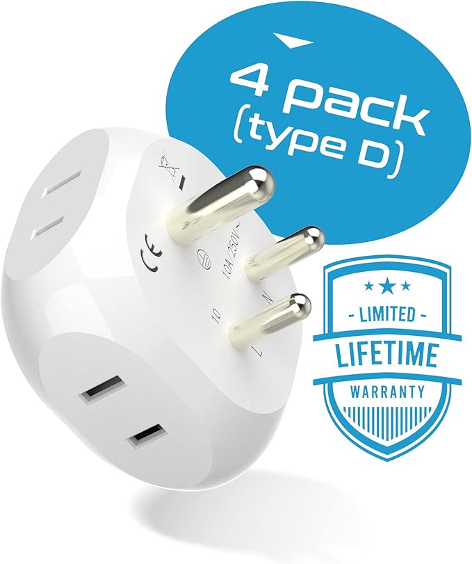 Ceptics India, Pakistan Travel Adapter - 4 Input - Ultra Compact - Light Weight - USA to Any Type D Countries Such as Bangladesh, Maldives and More - 4 Pack (PT-10-4PK)