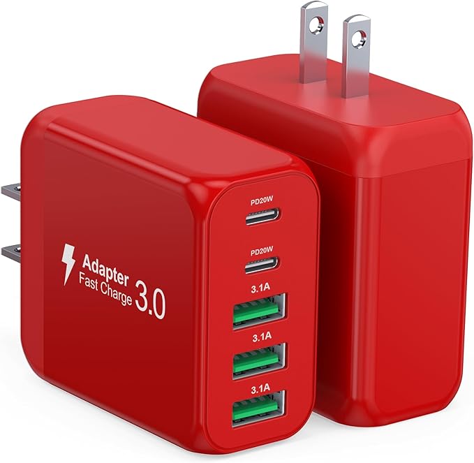 50W USB C Wall Charger, 2Pack 5-Port C Charger Fast Charging Block PD Power Adapter +QC 3.0 Multiport Type C Box Brick Cube USB A Wall Plug for iPhone 14/15/16/17 Pro Max, iPad,Samsung Galaxy(Red)