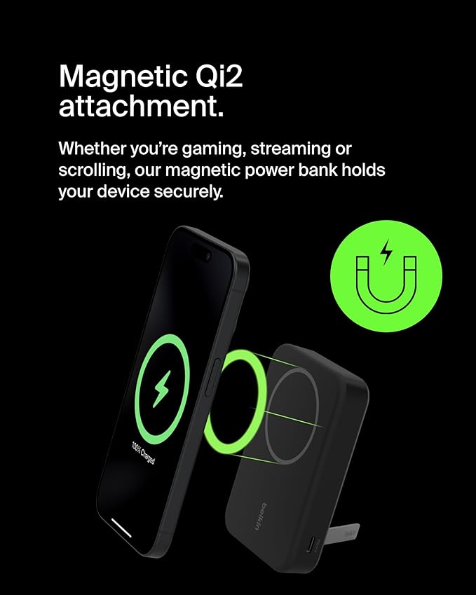 Belkin Portable Charger, Wireless Power Bank 15W 10000 mAh w/ Qi2, MagSafe Charger + Built-in Pop-up Kickstand - Compatible w/iPhone 17, Air, Pro, Pro Max, Google Pixel 10, etc. - Black