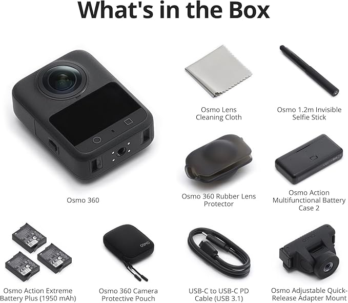 DJI Osmo 360 Camera, Waterproof 8K 360° Action Camera with 1-Inch 360° Imaging, Extended Battery Life with 3 Batteries, Native 8K 360° Video, 105GB Built-in Storage, 360 Action Camera for Sports