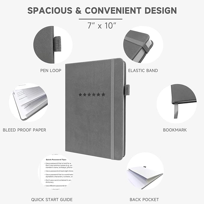 Password Book with Alphabetical Tabs – Hardcover Internet Address & Password Organizer – Password Keeper Notebook for Computer & Website – 7 x 10" Log-in Password Journal w/Thick Paper (Grey)