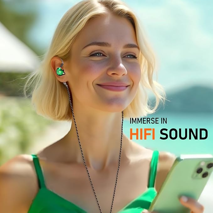 Vibes 202 Wired Earbuds, HiFi in Ear Monitor Headphones, Noise Isolating Ear Buds w/Mic, Deep Bass & Comfort-Fit Earphones, Silver Plated Cord, Carrying Case, Lightning, Green