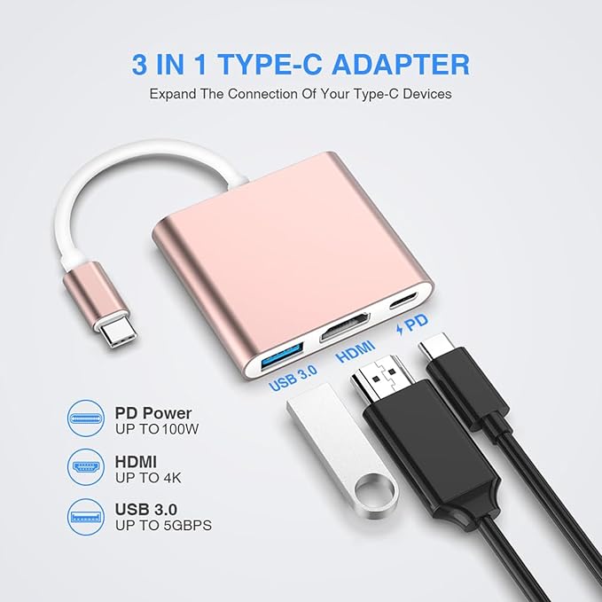 USB C to HDMI Adapter, 4K USB Hub with 100W PD Charging, USB-A 3.0 Port, Multiport Adapter for MacBook, Chromebook, iPad, Surface, TV, Monitor, and More (Rose Gold, 4.33 * 2.95 * 0.6)