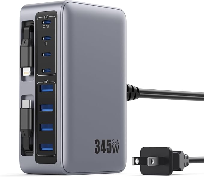 345W USB C Charger Block with 2 Built-in Retractable Cables,10-in-1 GaN IV USB C Charging Station,PD 65W Laptop Charger Power Adapter for MacBook Pro/Air,DELL,iPhone17/16/15/14,Galaxy S24,Android etc