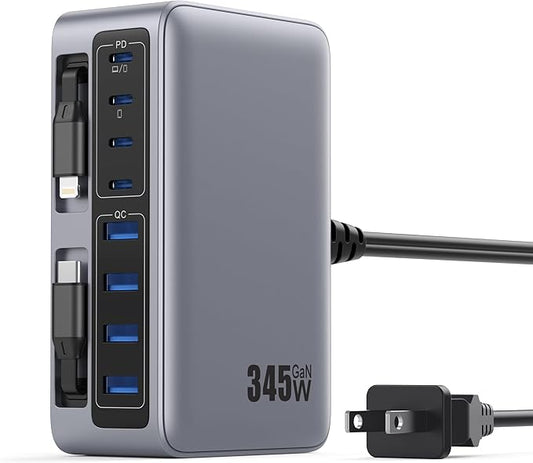 345W USB C Charger Block with 2 Built-in Retractable Cables,10-in-1 GaN IV USB C Charging Station,PD 65W Laptop Charger Power Adapter for MacBook Pro/Air,DELL,iPhone17/16/15/14,Galaxy S24,Android etc