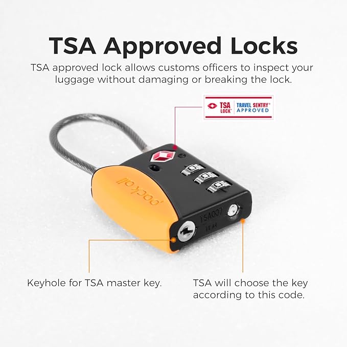 pack all TSA Approved Cable Luggage Locks, 3 Digit Combination Padlocks, Travel Lock for Suitcases & Bag, Alloy Body, Travel Accessories (4 Pack)（Orange）