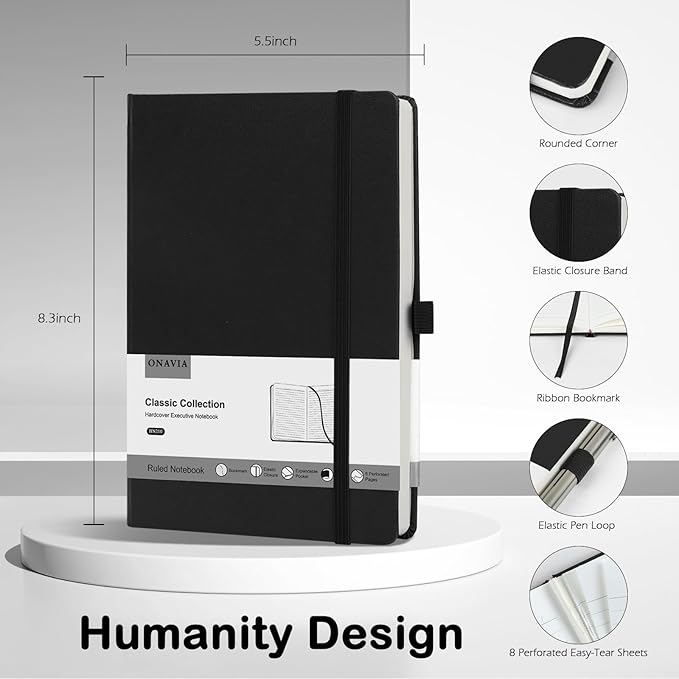 Lined Journal Notebooks for Work, Travel, College, A5 Size 100 GSM Thick Paper, Classic Ruled Journaling Notebook, Hardcover Notepad for Writing 160 Pages, 5.5 x 8.3 inch, Black