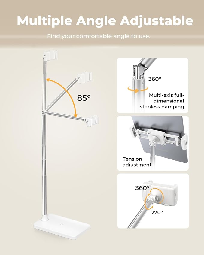 Extended Tablet Floor Stand, 360 Rotating Adjustable iPad Floor Holder with Long Flexible Arm, Compatible with 4-13" Devices, Stand for Bedside, Sofaside, Table, Desk (White)
