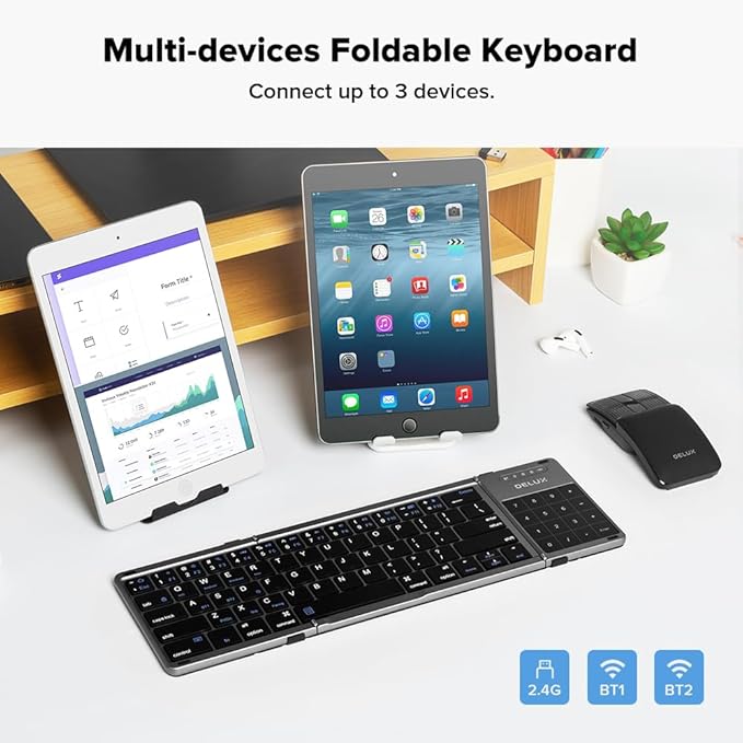 DeLUX Foldable Keyboard with Touchpad and Numeric Keypad, 2.4G Wireless and Bluetooth, Rechargeable Portable Travel Folding Keyboard with PU Leather, for iOS Android Windows Tablet (KF18)