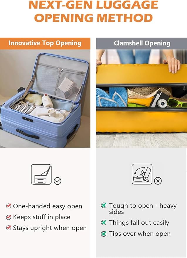 HotWay 24 Inch Expandable Checked Luggage with Cup Holder, Hardside TSA Approved Luggage with Spinner Wheels, Top Opening Suitcase For Travel, Black