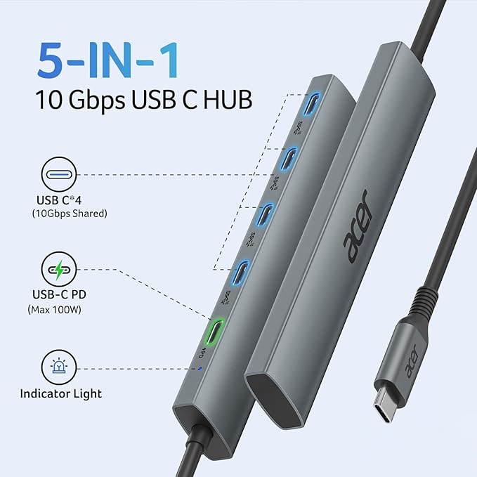 Acer 10 Gbps USB C Hub, USBC Splitter with 4*USB C 3.2 and 100W PD Port, Fast Transfer Type-C Multiport Adapter Compatible with MacBook Pro/Air M2/M1, iPad, Surface Pro, XPS【No Video Output】