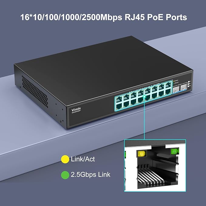 16 Port 2.5G PoE Switch Unmanaged with 2X 10Gbps SFP, VIMIN 16x 2.5G Base-T PoE Ports, 10G SFP PoE Switch w/ 120Gbps Ethernet Switching Capacity, IEEE802.3af/at, 250W, VLAN, Metal Housing, Fanless
