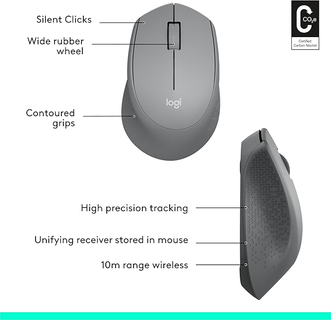 Logitech M330 SILENT Wireless Mouse, 2.4GHz with USB Receiver, Optical Tracking, Quiet & Lightweight, Long Battery Life, for PC, Mac, Laptop, Chromebook - Grey