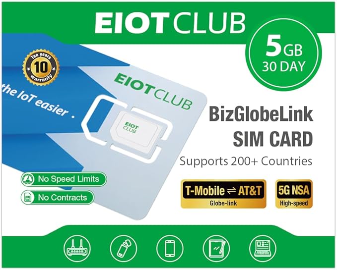 EIOTCLUB International SIM Card - 5GB/30Day, 5G/4G Business Travel SIM Card for USA/Europe/200+ Countries, Prepaid Data SIM for Mobile Phone, Router, Hotspot (No Roaming Charges)