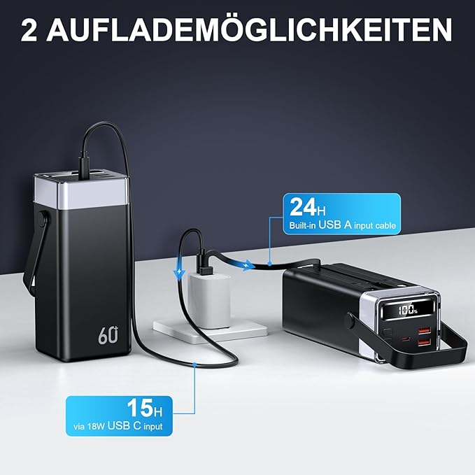 Power Bank 60000mAh 22.5W Fast-Charging Portable Charger with Built-in Cables Portable High Capacity Portable Phone Charger Power Bank for iPhone, Samsung, Galaxy, Travel Camping Outdoor