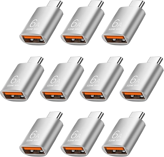 10 Pack 10Gbps/120W USB C to USB3.1 Adapter, Silver Type C Male to USB Female Adapter for Smartphone, PC, Laptop, Tablet, Keyboard etc.