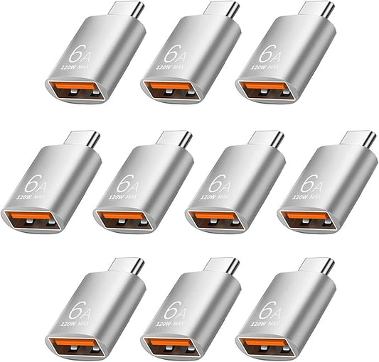 10 Pack 10Gbps/120W USB C to USB3.1 Adapter, Silver Type C Male to USB Female Adapter for Smartphone, PC, Laptop, Tablet, Keyboard etc.