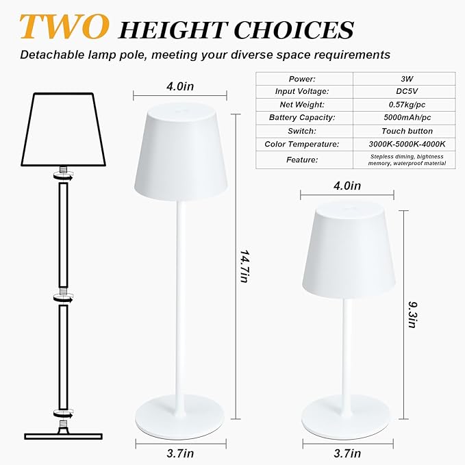 Kakanuo Cordless Table Lamp Rechargeable White - KK 2 Pack 5000mAH Battery Operated Lamp for Table, 3 Color Stepless Dimming Wireless Lamp for Kitchen Counter, Outdoor Patio, Touch Control