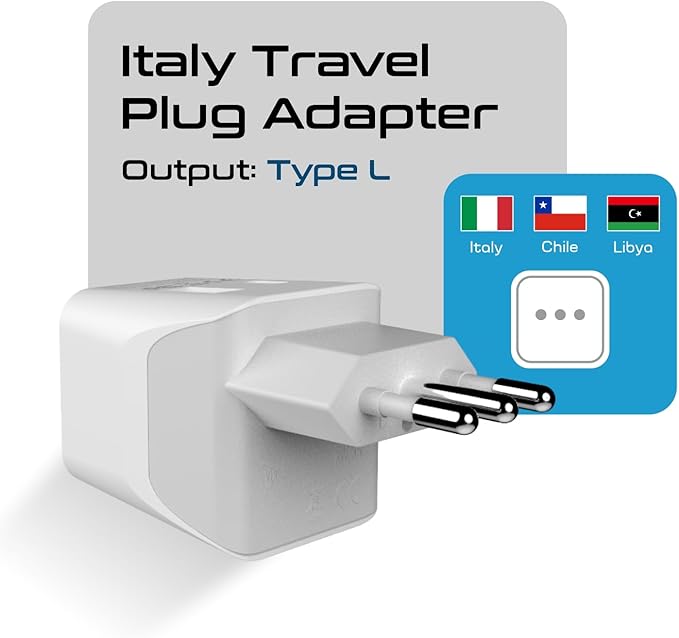 Ceptics Italy Travel Plug Adapter – Type L Italy Power Adapter with USB-C & A + USA Input –Compact, Safe Grounded for Phones, Laptops & More (CTU 12A)