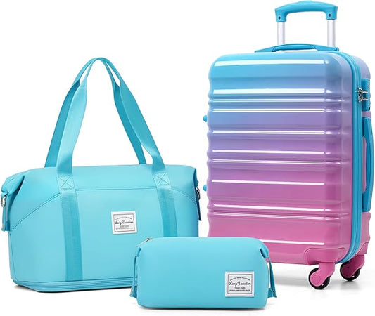 LONG VACATION Carry On Luggage Sets 3 Piece 20 Inch Suitcase Set, ABS+PC Hardshell Lightweight Travel Luggage with Spinner Wheels & YKK Zipper TSA Lock (Blue and Pink, 20 INCH)
