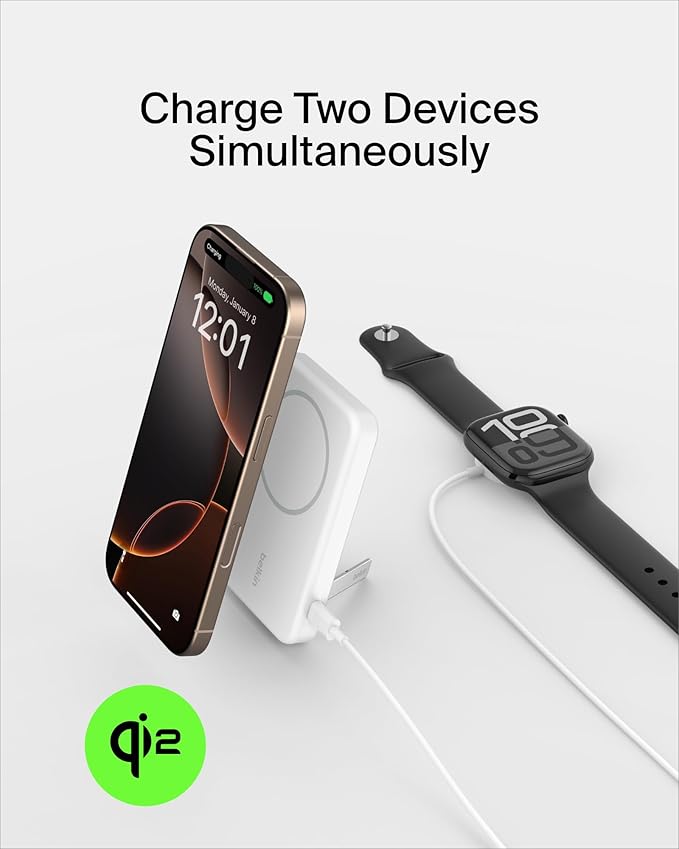 Belkin Portable Charger, Wireless Power Bank 15W 5000 mAh w/ Qi2 - MagSafe Charger w/Built-in Pop-up Kickstand - Compatible w/iPhone 17, Air, Pro, Pro Max, Google Pixel 10, etc. - White