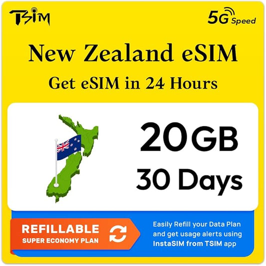 New Zealand eSIM | 20GB Super Saver Refillable Plan! QR Code Sent via Email in 24Hrs - Scan & Use Immediately | Auto Activating 30 Day Validity | 5G Speed + Hotspot | Data-Only No Phone Number