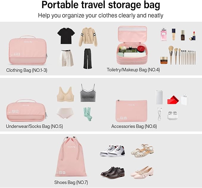 Compression Packing Cubes (Pack of 7), Expandable Luggage Organizer Bags, Hanke Packing Cubes for Travel, Double Zipper Durable Travel Packing Organizers for Suitcase Backpack and Carry-On