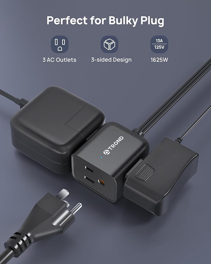 TROND 360° Rotating Flat Plug Extension Cord 10ft, Low Profile Small Power Strip, 3 Side Grounded Outlet, 13A, SPT 16/3 Gauge Cable for Indoor Home Office Kitchen Cruise Travel Essentials, Black