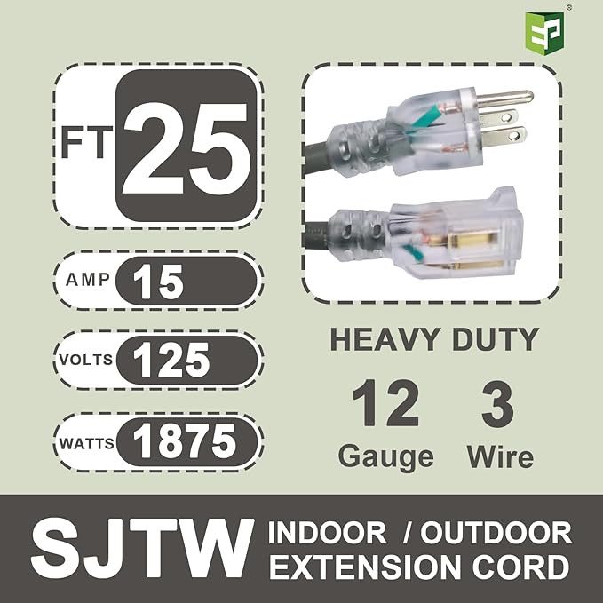 EP 25 Ft Lighted Outdoor Extension Cord - 12/3 SJTW Heavy Duty Grey Extension Cable with 3 Prong Grounded Plug - Power Cord for Lawn, Garden, Appliances