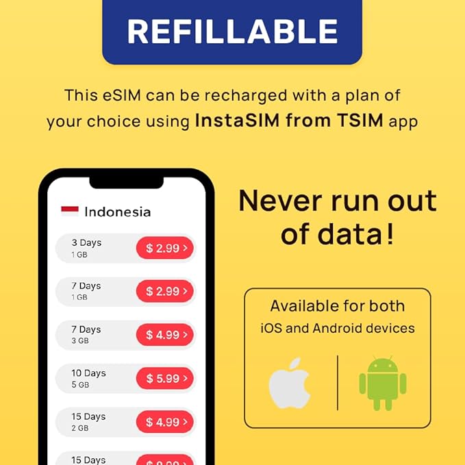 Indonesia eSIM | 7 Days 3GB | Auto Activation | QR Code Sent via Email in 24Hrs - Scan & Use Immediately | Hotspot Allowed | No Phone Number | Refillable Plan via Insta Sim App