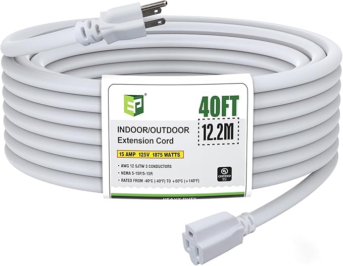 EP 40 Ft Outdoor Extension Cord, 12/3 SJTW Heavy Duty Extension Cable with 3 Prong Grounded Plug, 15 AMP Power Cord for Lawn, Garden, Appliances, White