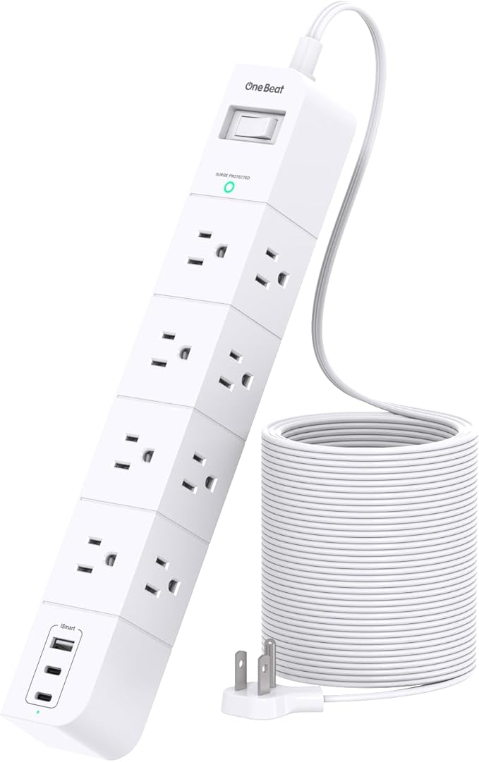 One Beat Extension Cord 15 ft,Surge Protector Power Strip with 8 Widely AC Outlets 3 USB(2 USBC),Flat Plug Power Strip,Desktop Charging Station with Overload Protection for Home,Office,Dorm,ETL Listed