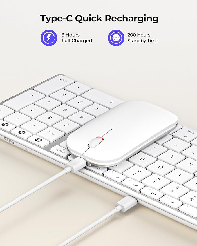 seenda Bluetooth Keyboard and Mouse for Mac, SKM64-2 Multi-Device Rechargeable Slim Wireless Keyboard Mouse Stainless Steel Full Size, Compatible with MacBook Pro/Air, iPad, Mac - White Silver