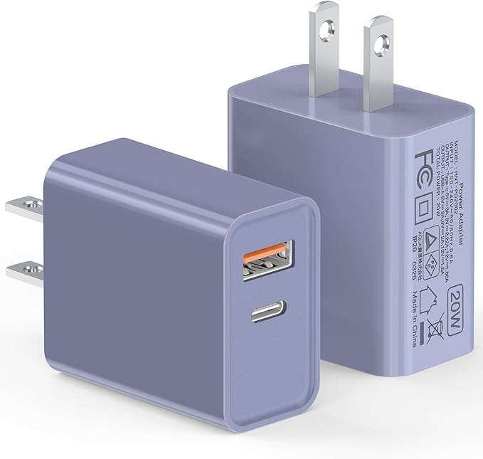[2 Pack] USB-C Wall Charger, 20W Dual Port QC+PD3.0 Power Adapter, Double Fast Plug Charging Block for Samsung Galaxy S24 S23/S23+/S23Ultra/S22/S22+/S22 FE/Note 20Ultra, iPhone 16/17 Brick Box, Purple