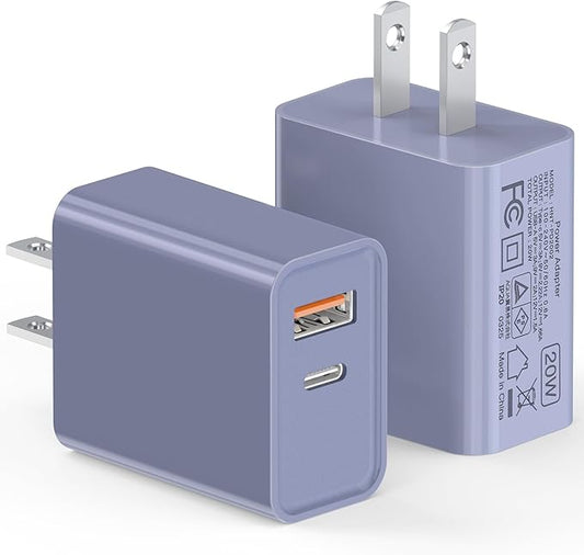 [2 Pack] USB-C Wall Charger, 20W Dual Port QC+PD3.0 Power Adapter, Double Fast Plug Charging Block for Samsung Galaxy S24 S23/S23+/S23Ultra/S22/S22+/S22 FE/Note 20Ultra, iPhone 16/17 Brick Box, Purple