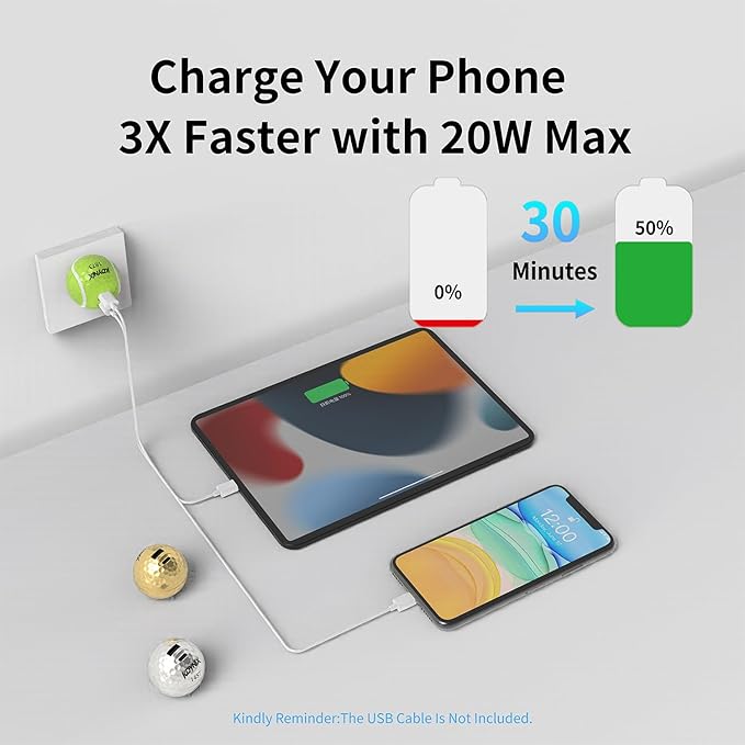 20W Dual Port Creative Golf Ball Charger Block， GaN III Power Adapter Fast Wall Charger with UL Certified, Fast Charging for iPhone 16/16 Pro/16 Pro Max/16 Plus/15/14/13/12, Galaxy, iPad, Airpods