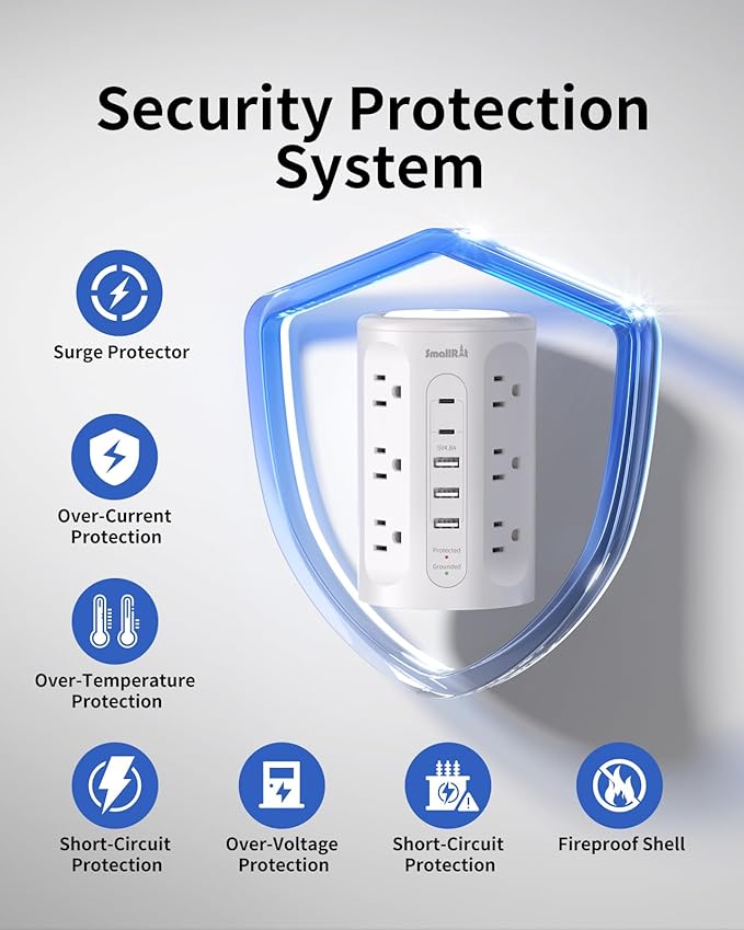 Surge Protector Power Strip Tower with 5 USB Ports and Night Light,10FT Extension Cord with 12 AC Multiple Outlets (White)